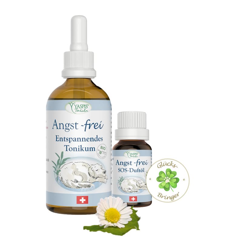 Das Angstfrei Tonikum und das Angstfrei Duftöl sind ein Beruhigungsmittel für ängstliche Hunde.